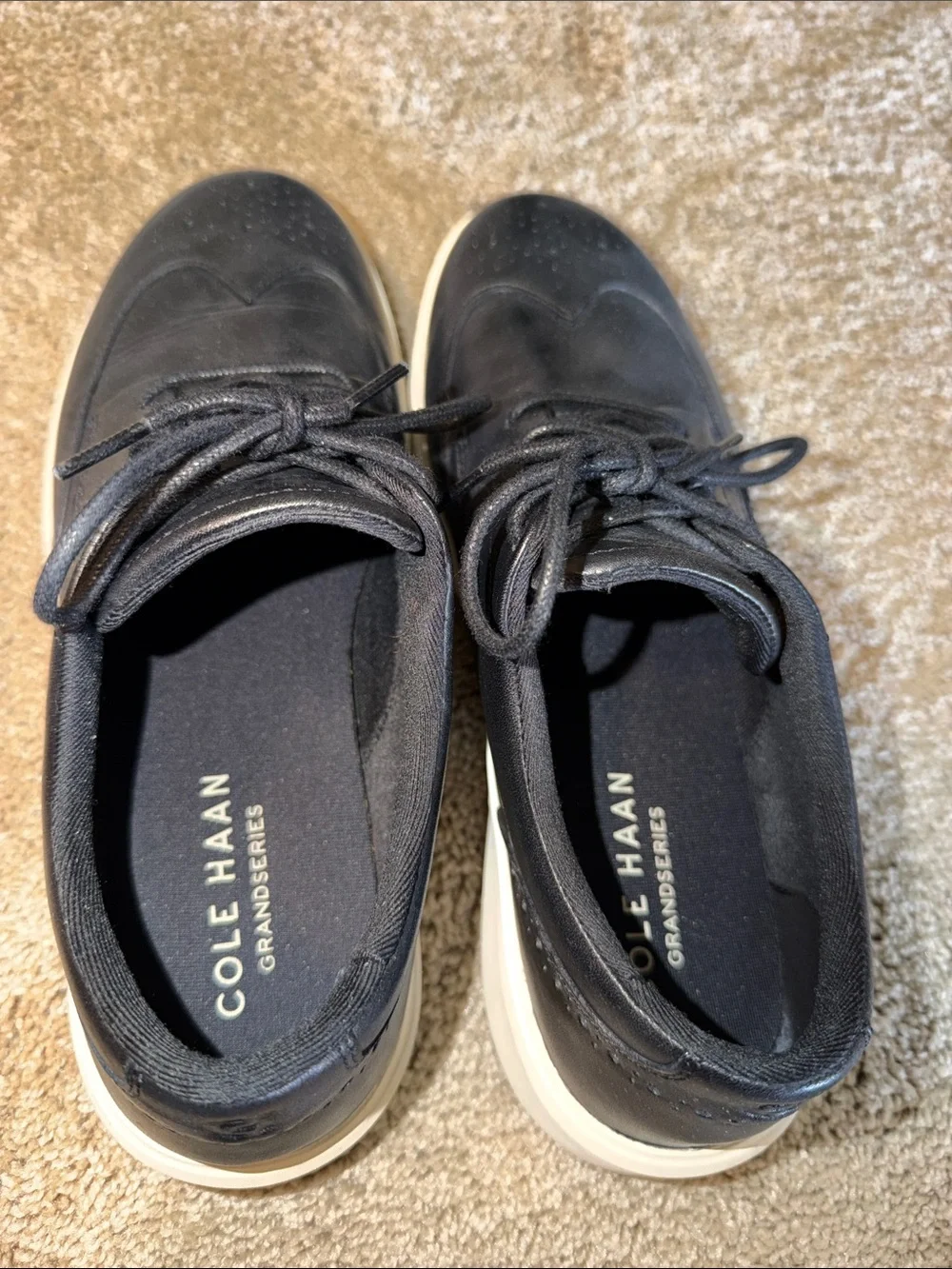 Cole Haan Black Leather Wingtip Derbys with White Soles